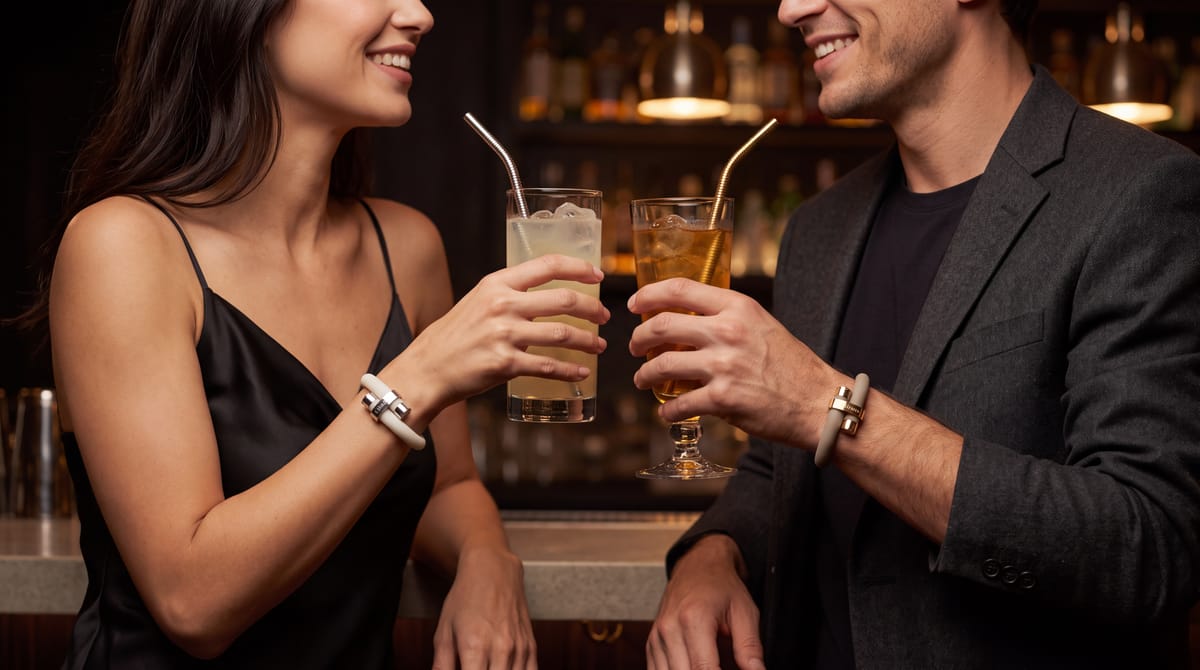 A woman in a black satin dress and a man in a dark blazer toasting at a warmly lit bar, each holding a drink with a metal straw and wearing wristraw: Ivory with a silver clasp on her wrist, Stone Taupe with a gold clasp on his