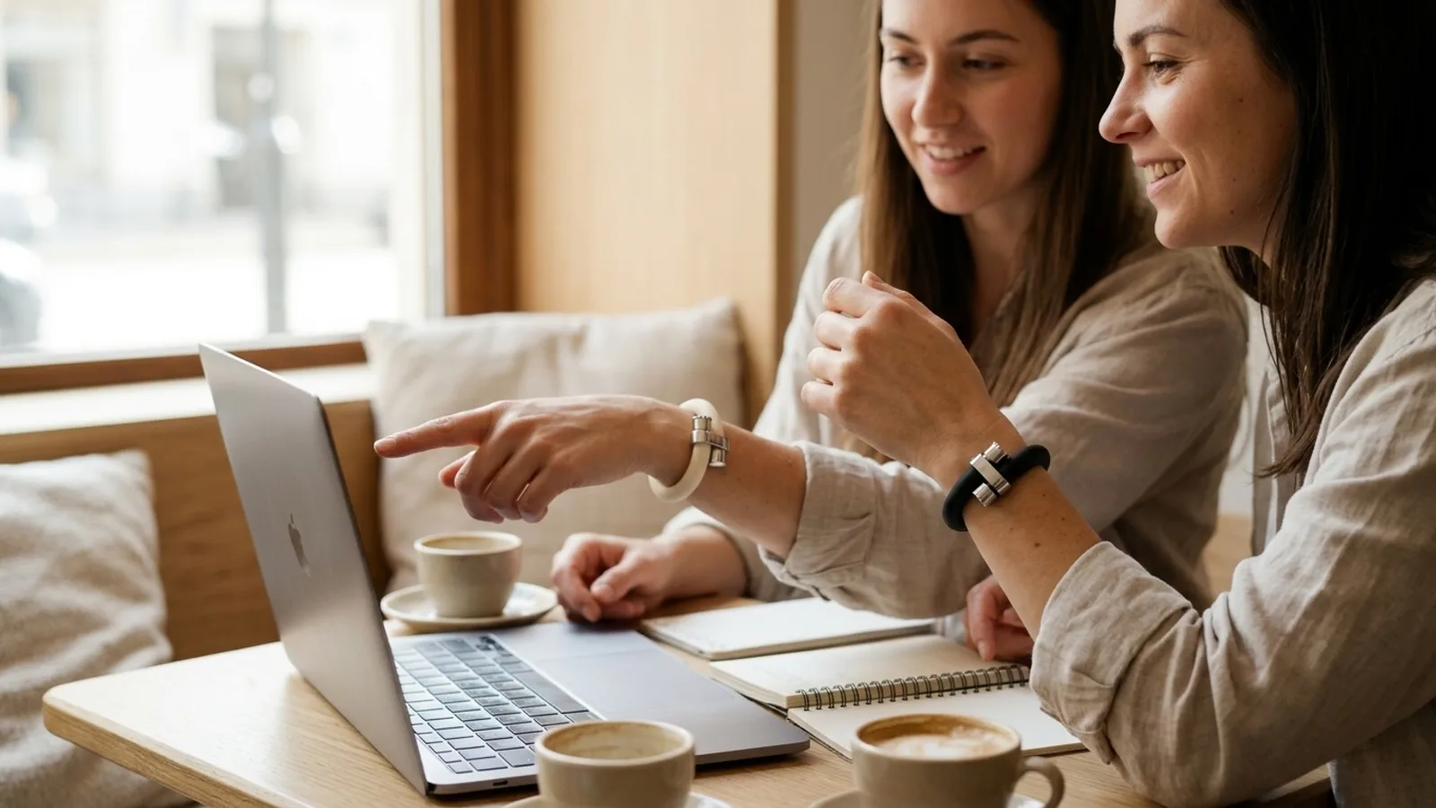 Two friends checking a laptop together at a café, both wearing wristraw as bracelets