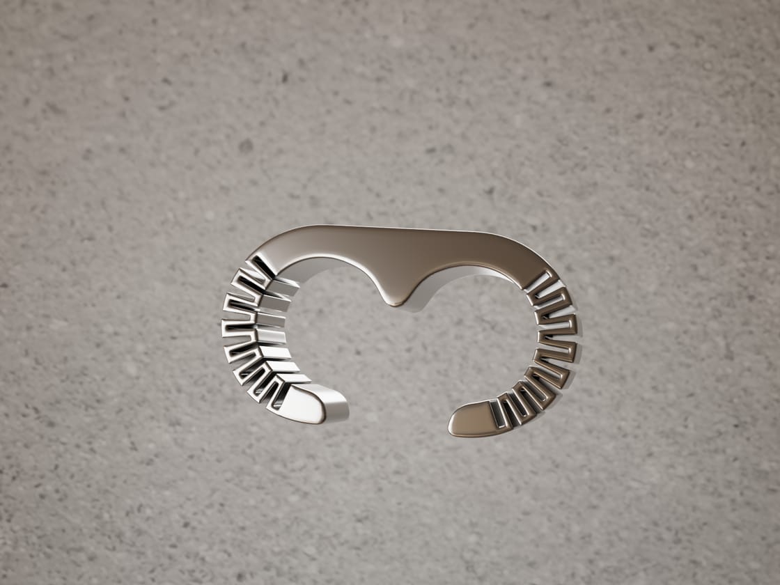 Profile of the wristraw titanium clasp, open, showing the hinge mechanism and engraving