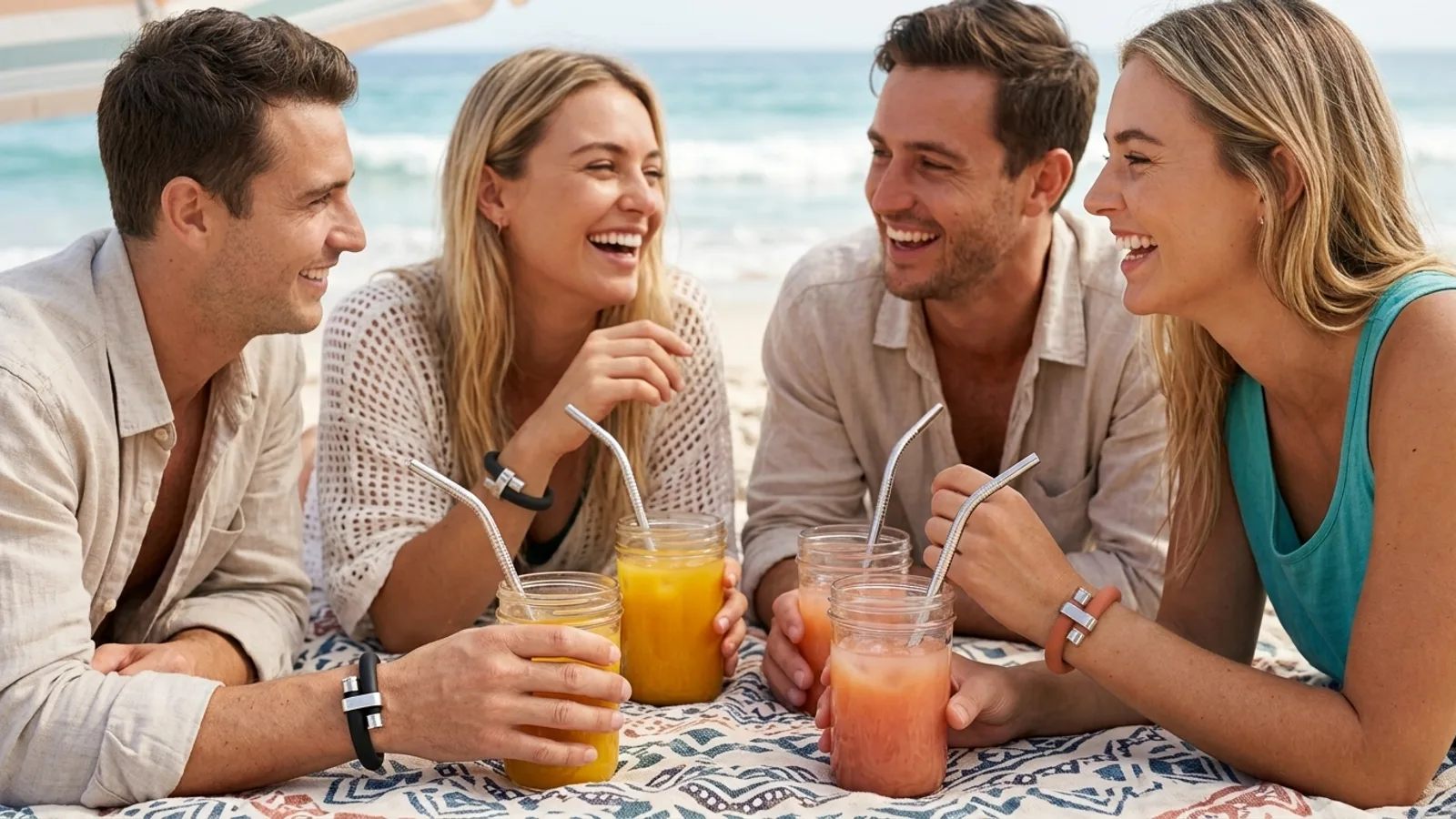 Four friends laughing on the beach, drinking through wristraw straws while wearing them as bracelets