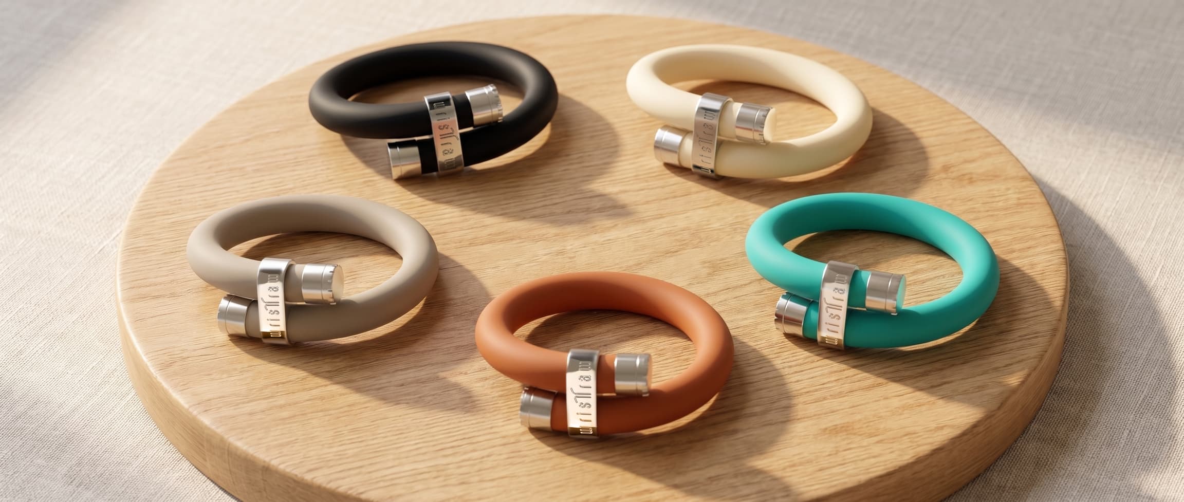 The five wristraw launch colorways: Onyx Black, Ivory, Stone Taupe, Clay Terracotta, and Signature Teal