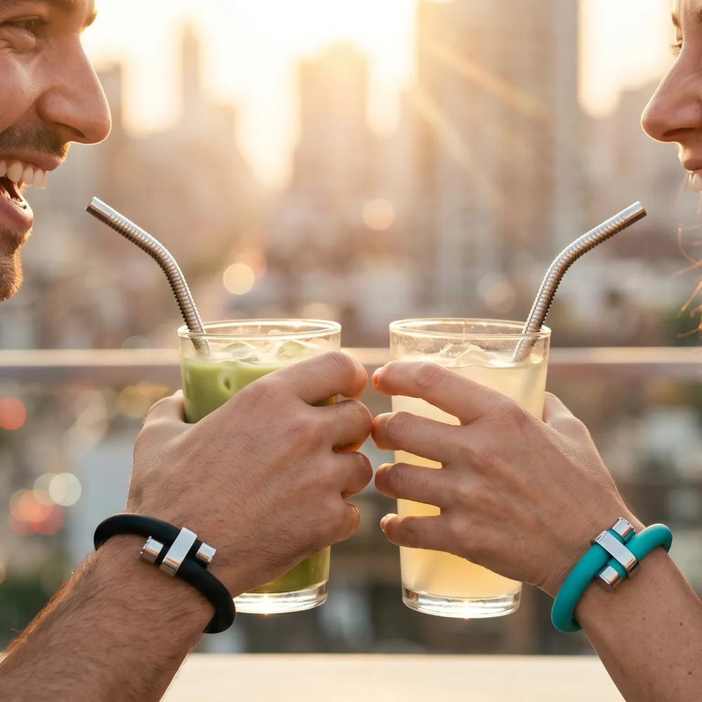 Couple toasting drinks at a rooftop bar at sunset, each wearing a wristraw in silver finish