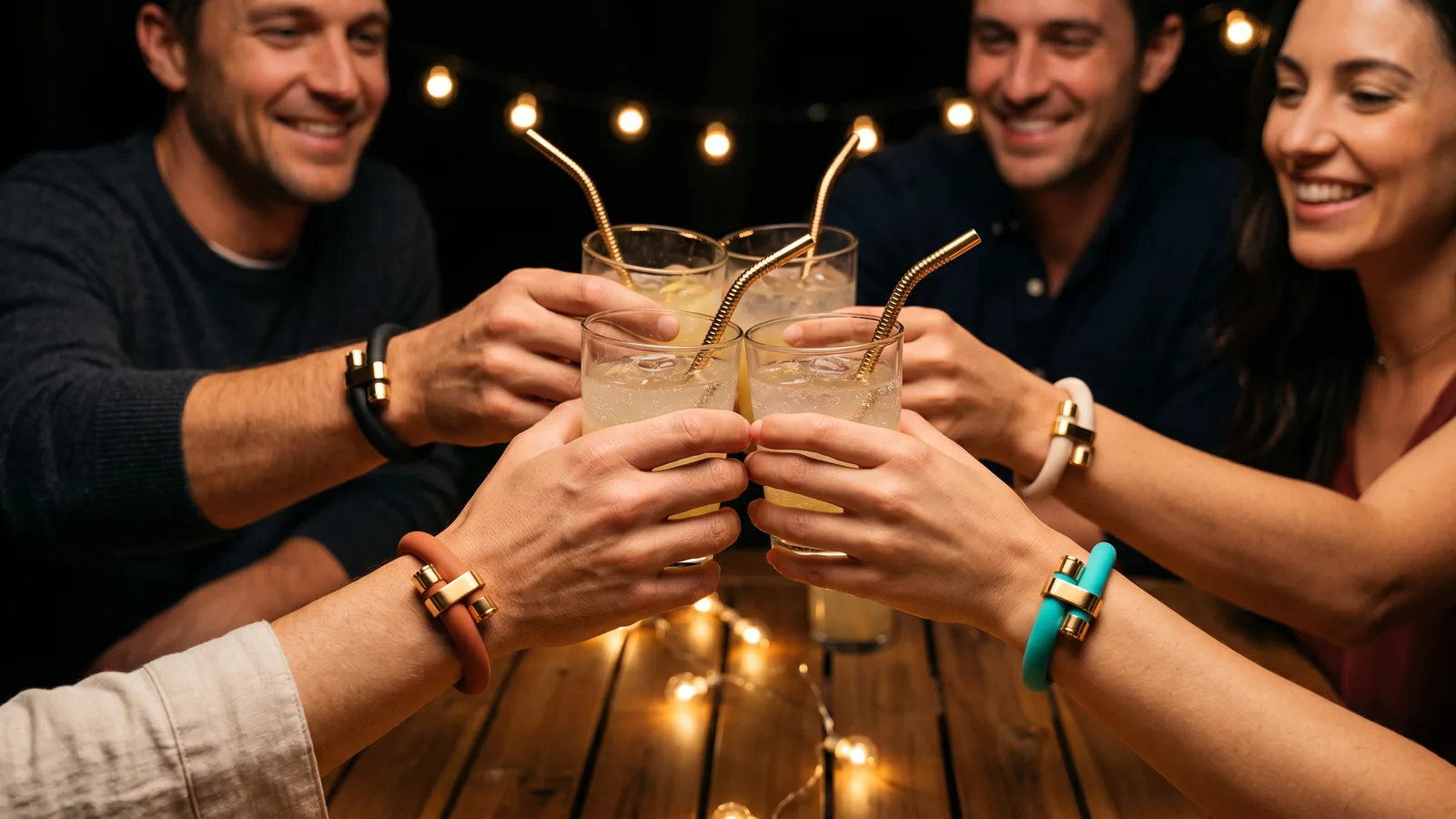Five friends toasting drinks at night, each wearing a different wristraw color