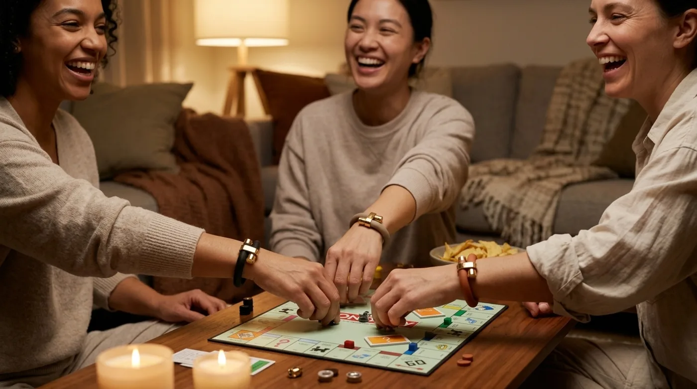 Friends wearing wristraw in different colors during game night