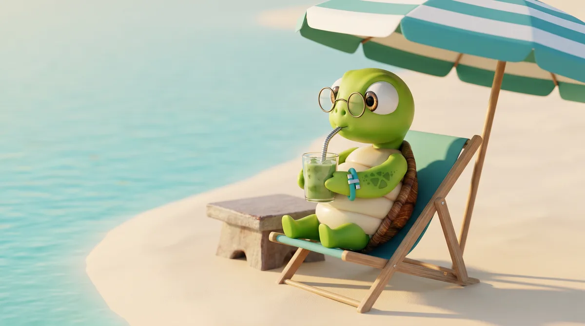 Wris the turtle mascot relaxing at the beach with a wristraw