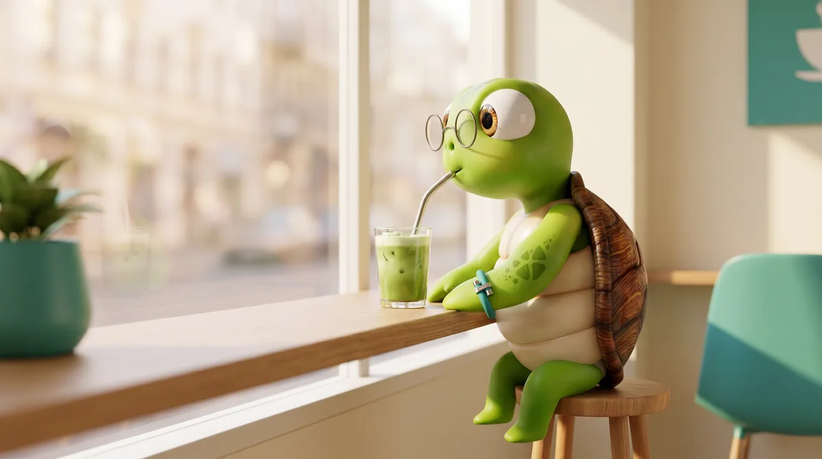 Wris the turtle mascot enjoying a drink at a café window