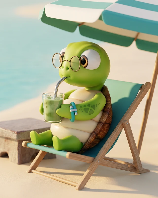 Wris the sea turtle mascot relaxing in a beach chair with a wristraw drink