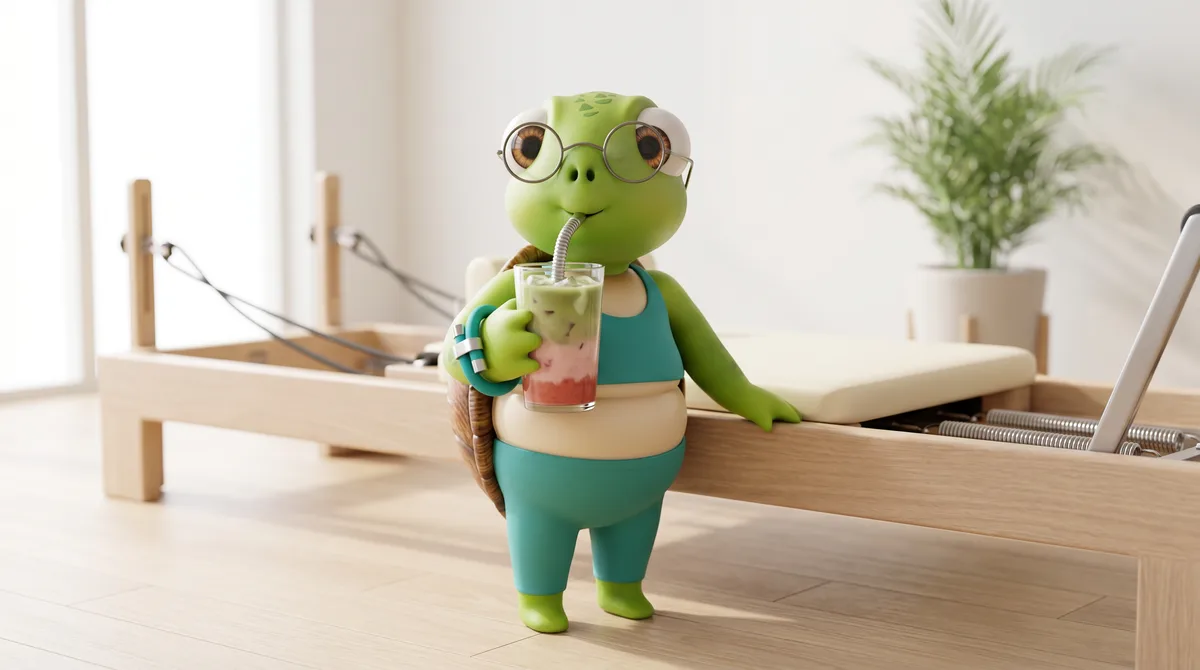 Wris the turtle mascot at a pilates studio, wearing wristraw