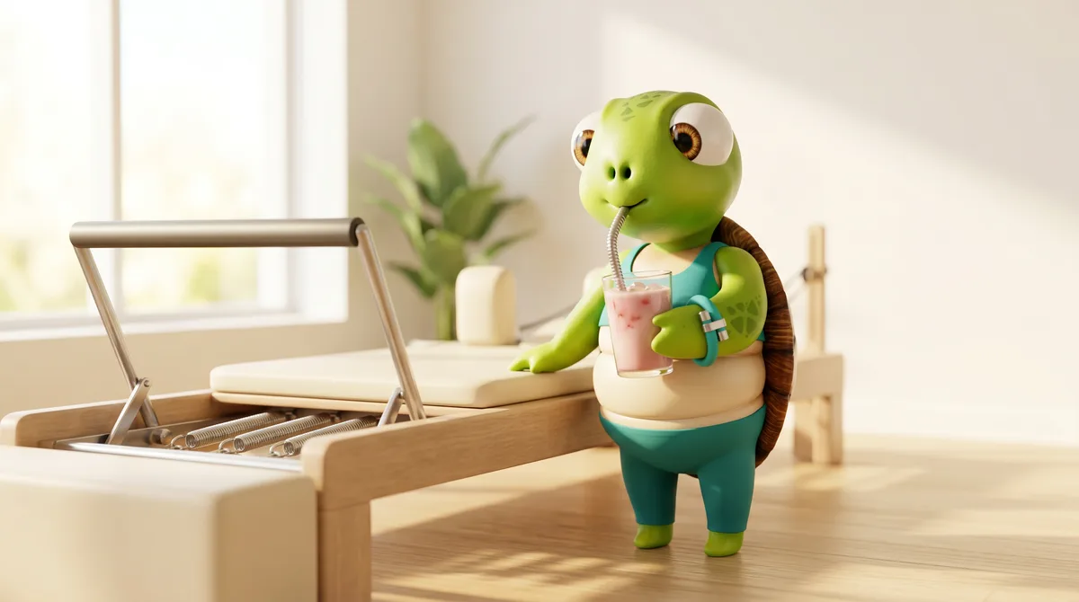 Wris the turtle mascot at a pilates studio, wearing wristraw