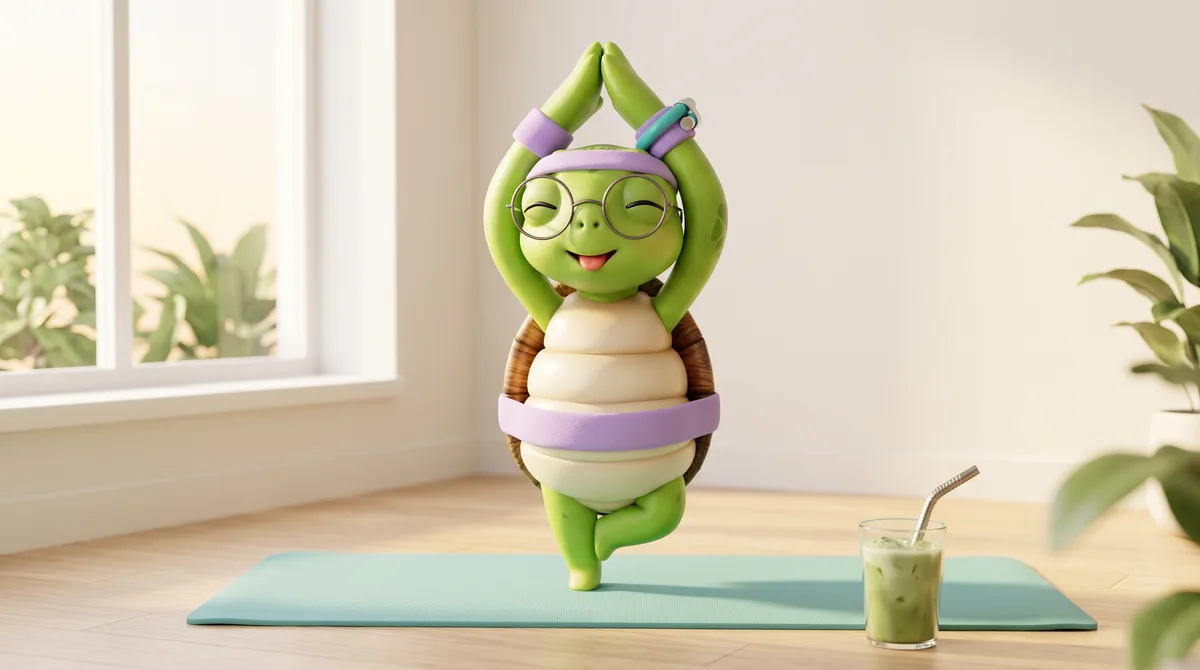 Wris the turtle mascot in a yoga tree pose, wearing wristraw