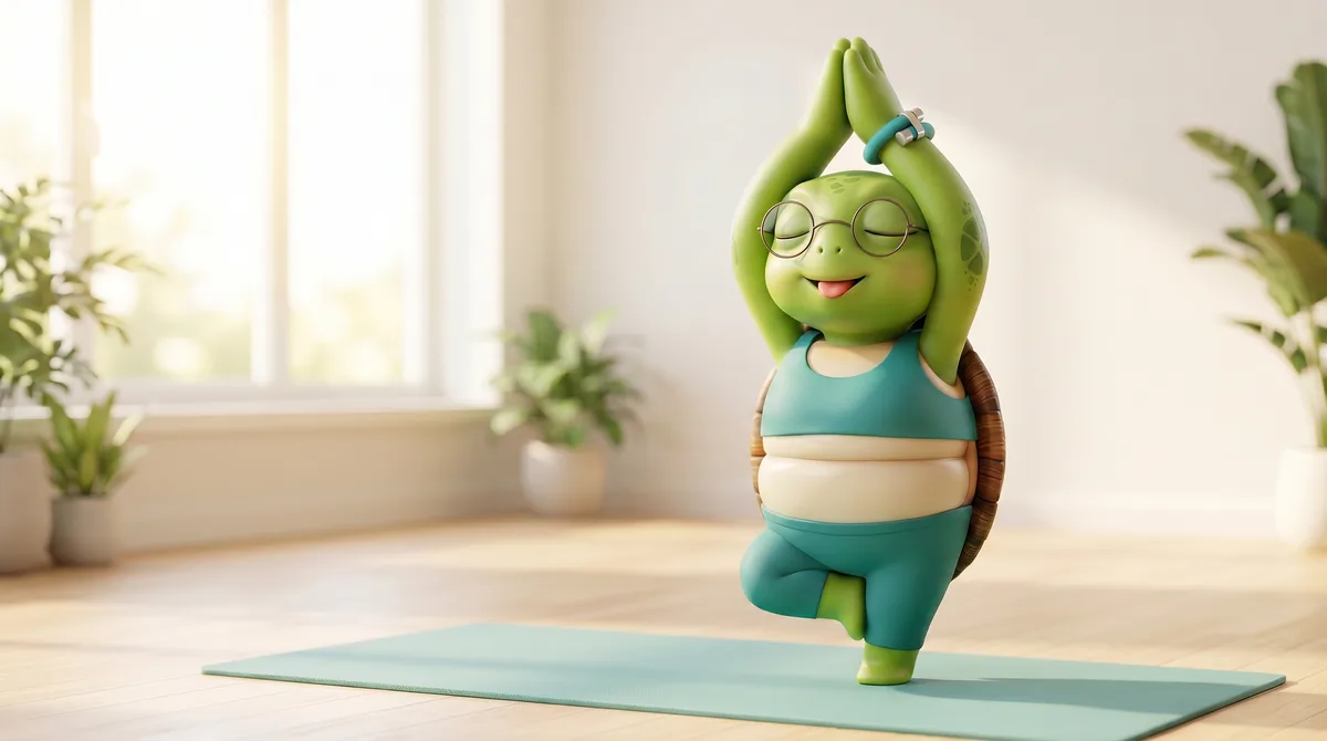 Wris the turtle mascot in a yoga pose, wearing wristraw
