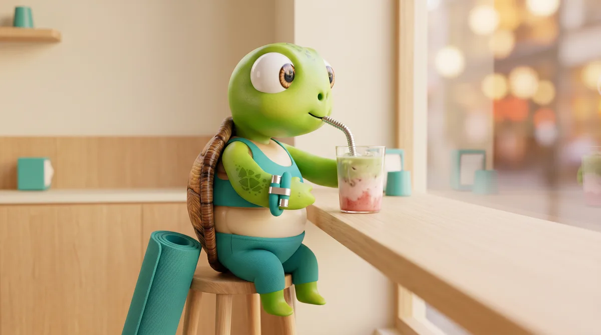 Wris the turtle mascot in a yoga pose, wearing wristraw