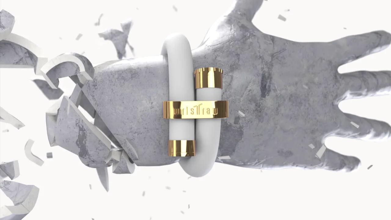 The wristraw bracelet with its Gold clasp on a stone hand