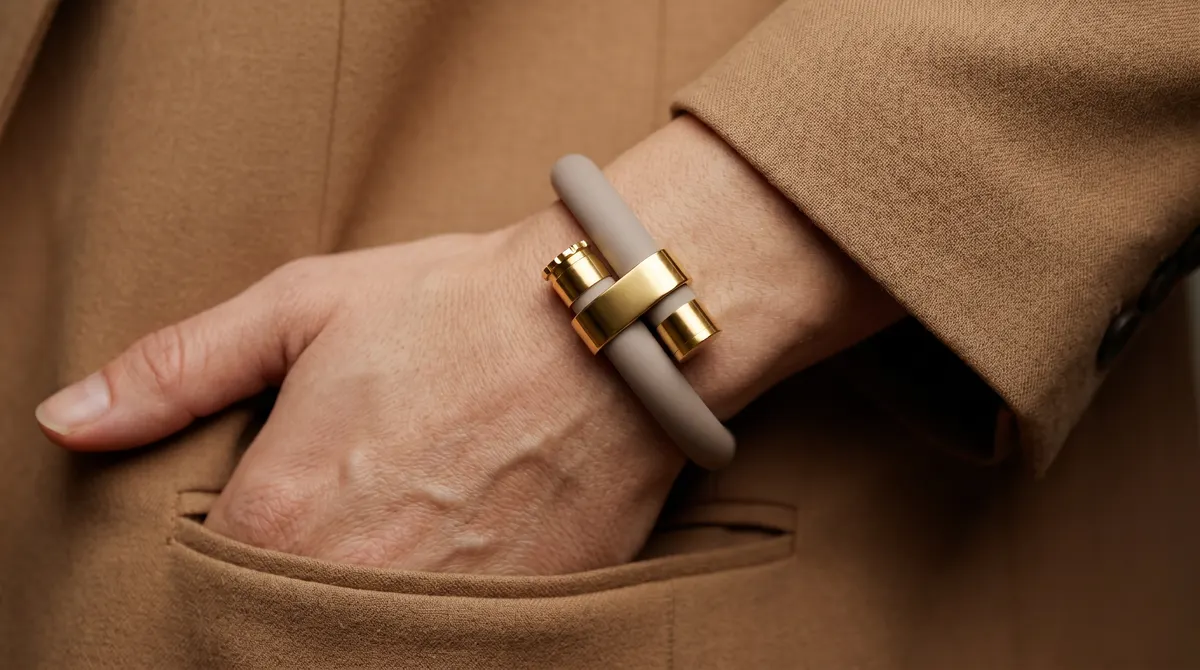 wristraw in Stone Taupe with a Gold clasp, worn on the wrist, hand in coat pocket