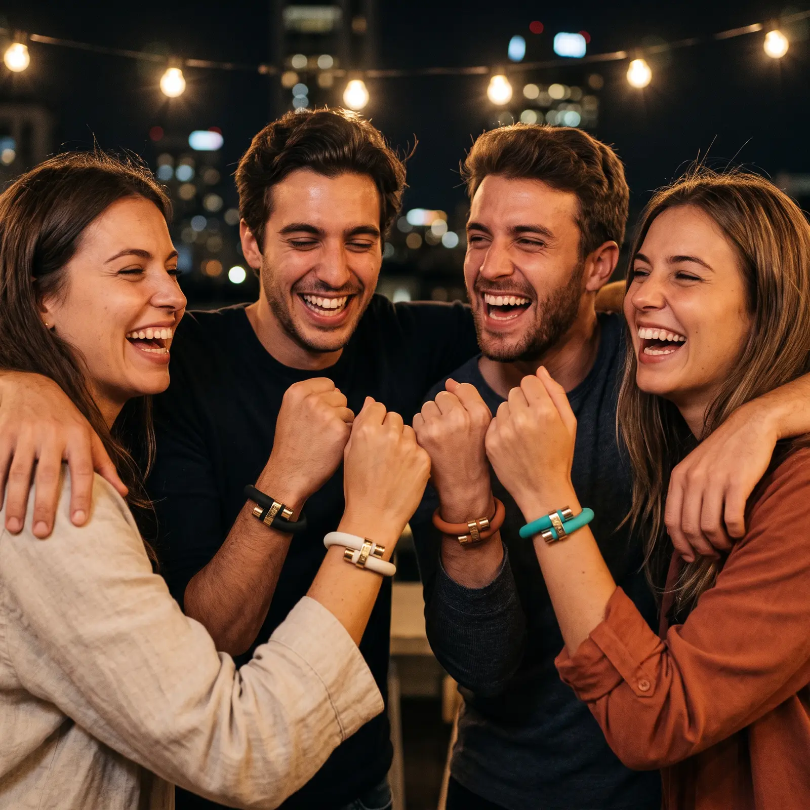 Four friends fist-bumping on a rooftop at night, each wearing a different wristraw color