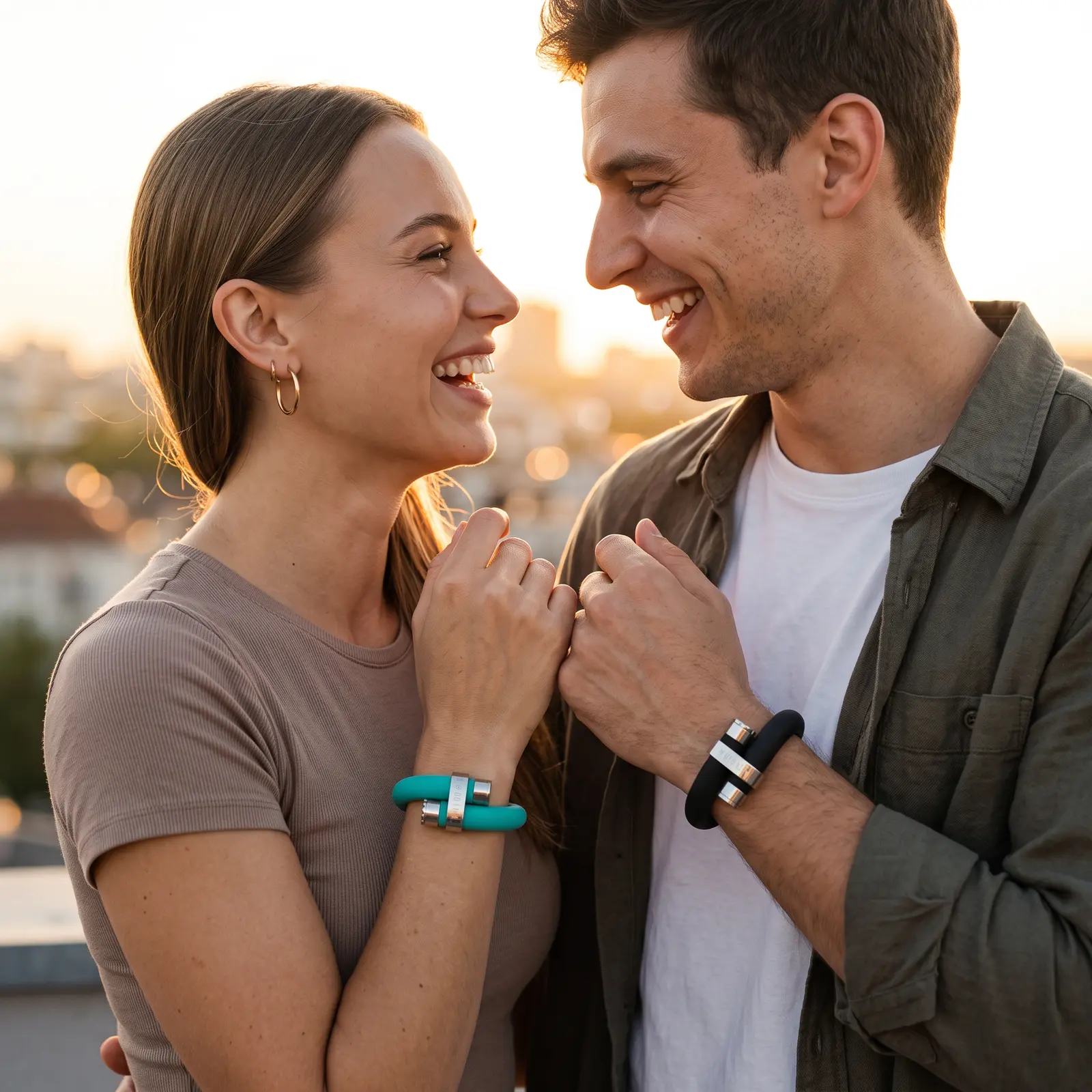 Couple sharing a fist bump on a rooftop at golden hour, wearing wristraw in teal and black