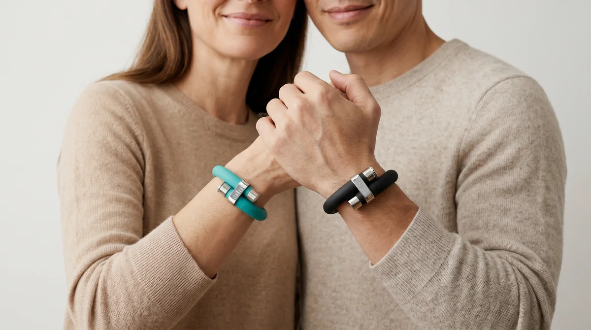 Couple with clasped hands wearing wristraw bracelets in Teal and Onyx Black