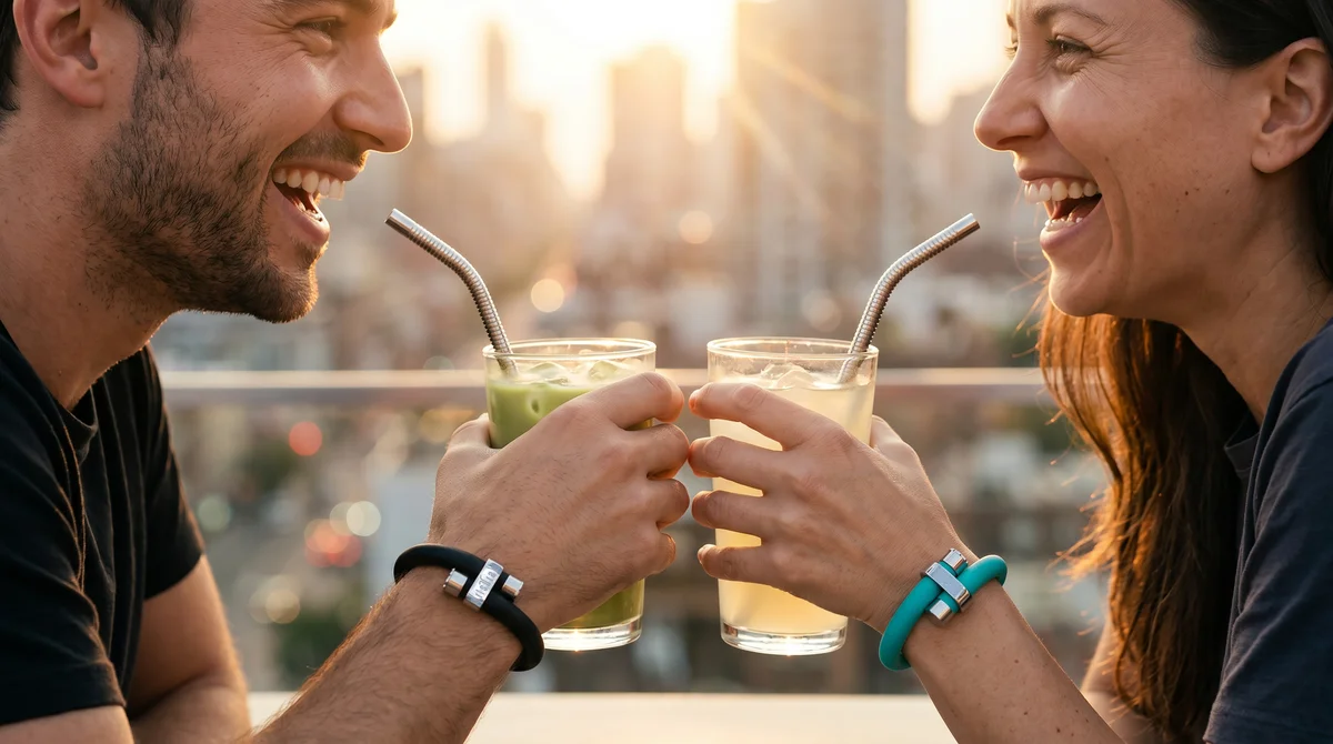 Couple toasting with wristraw bracelets in Onyx Black and Teal